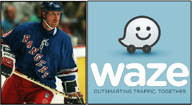 Logo: waze corporation (site van waze) [CC BY-SA 1.0 (http://creativecommons.org/licenses/by-sa/1.0)], via Wikimedia Commonshttps://commons.wikimedia.org/wiki/File%3ALogo_waze.png. Gretzky photo: By Hakandahlstrom (Håkan Dahlström) [CC BY-SA 3.0 (http://creativecommons.org/licenses/by-sa/3.0)], via Wikimedia Commons